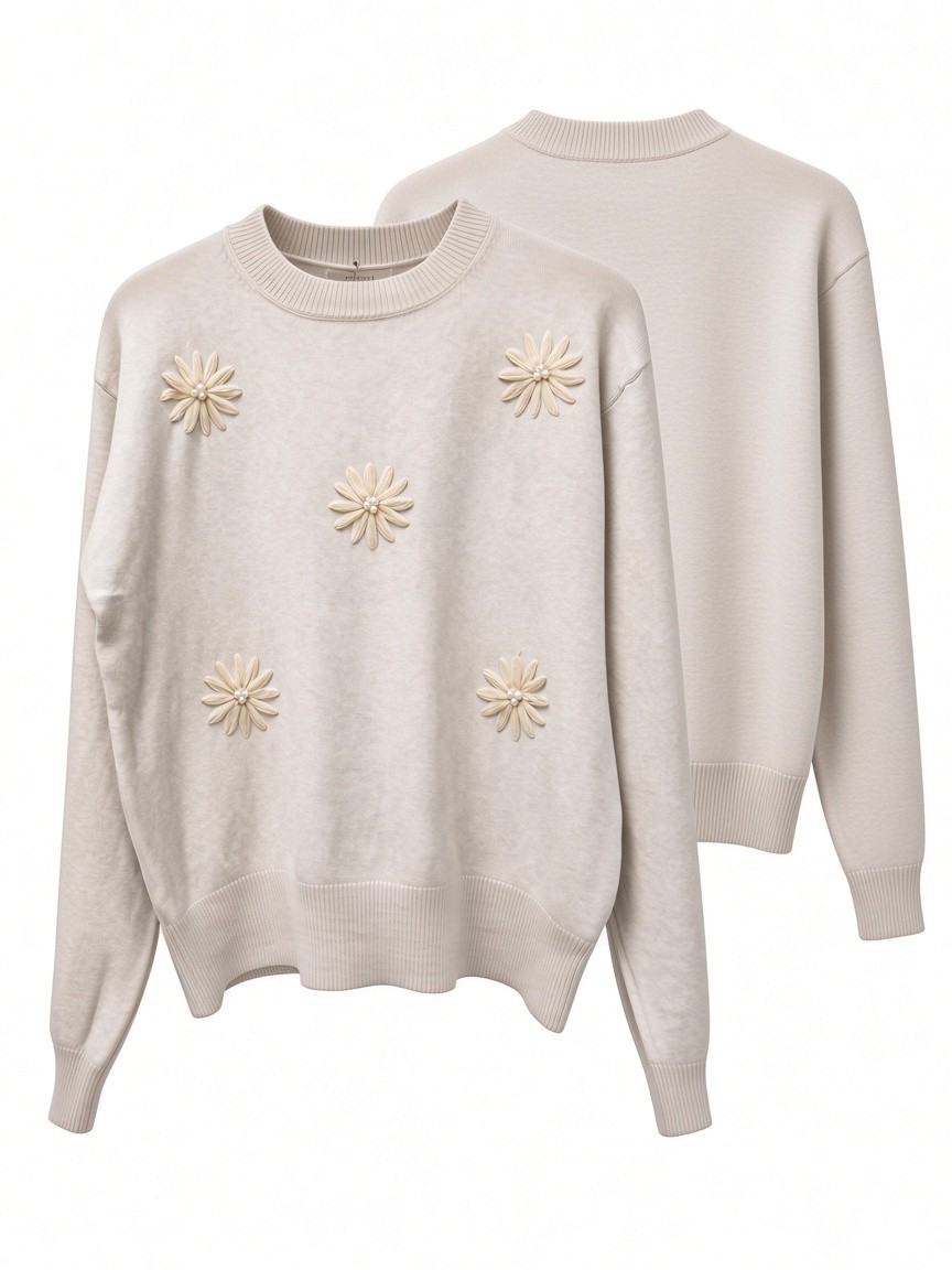 Dámsky pulóver s výšivkou kvietkov s perličkami COZY BEIGE MELANGE Béžová s.WEAR 2